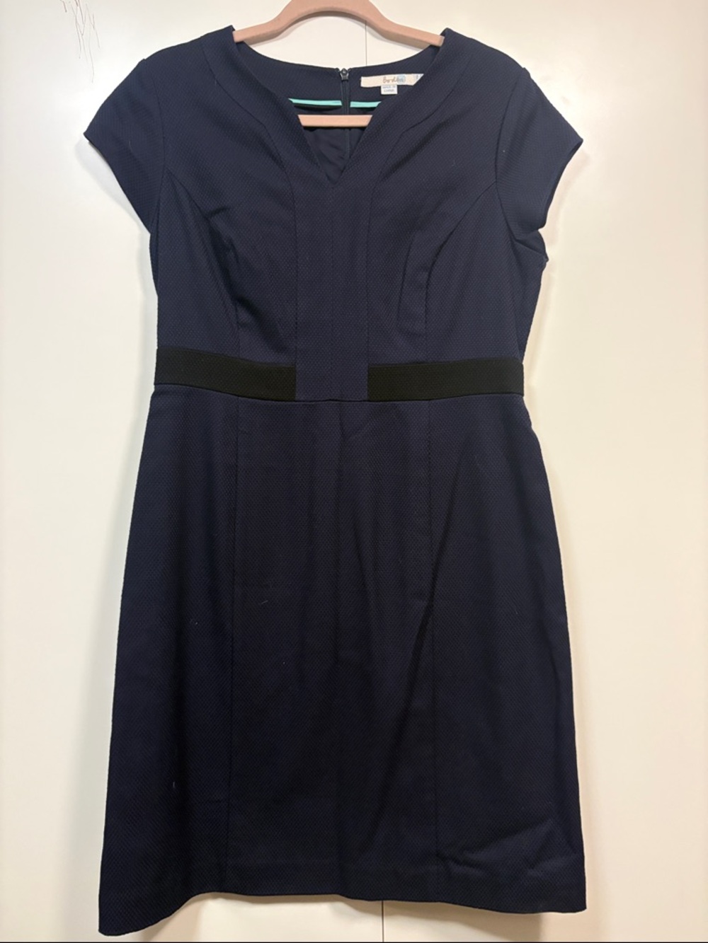 BODEN Notch Neck Shift Dress Navy Textured Cotton Short Sleeve Women's 10R